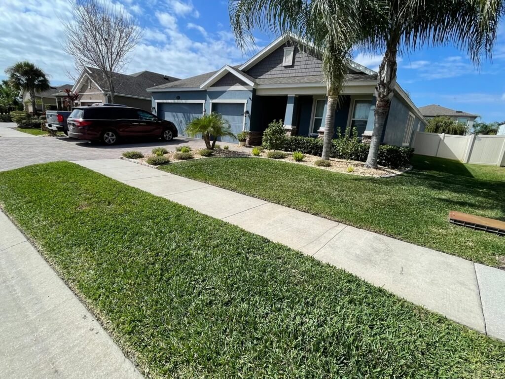 Healthy green lawn after professional fertilization treatment, showing thick, evenly nourished grass and well-maintained residential landscaping as part of ongoing lawn care services in Stonebrier FL taken for our blog