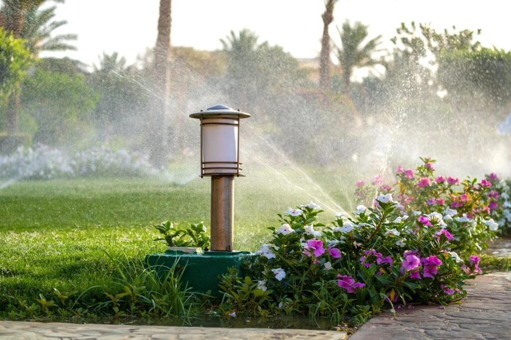 “Automated irrigation system watering a residential lawn and flower beds, demonstrating efficient sprinkler irrigation for healthy grass, plants, and water-smart landscape maintenance in Stable Ridge FL