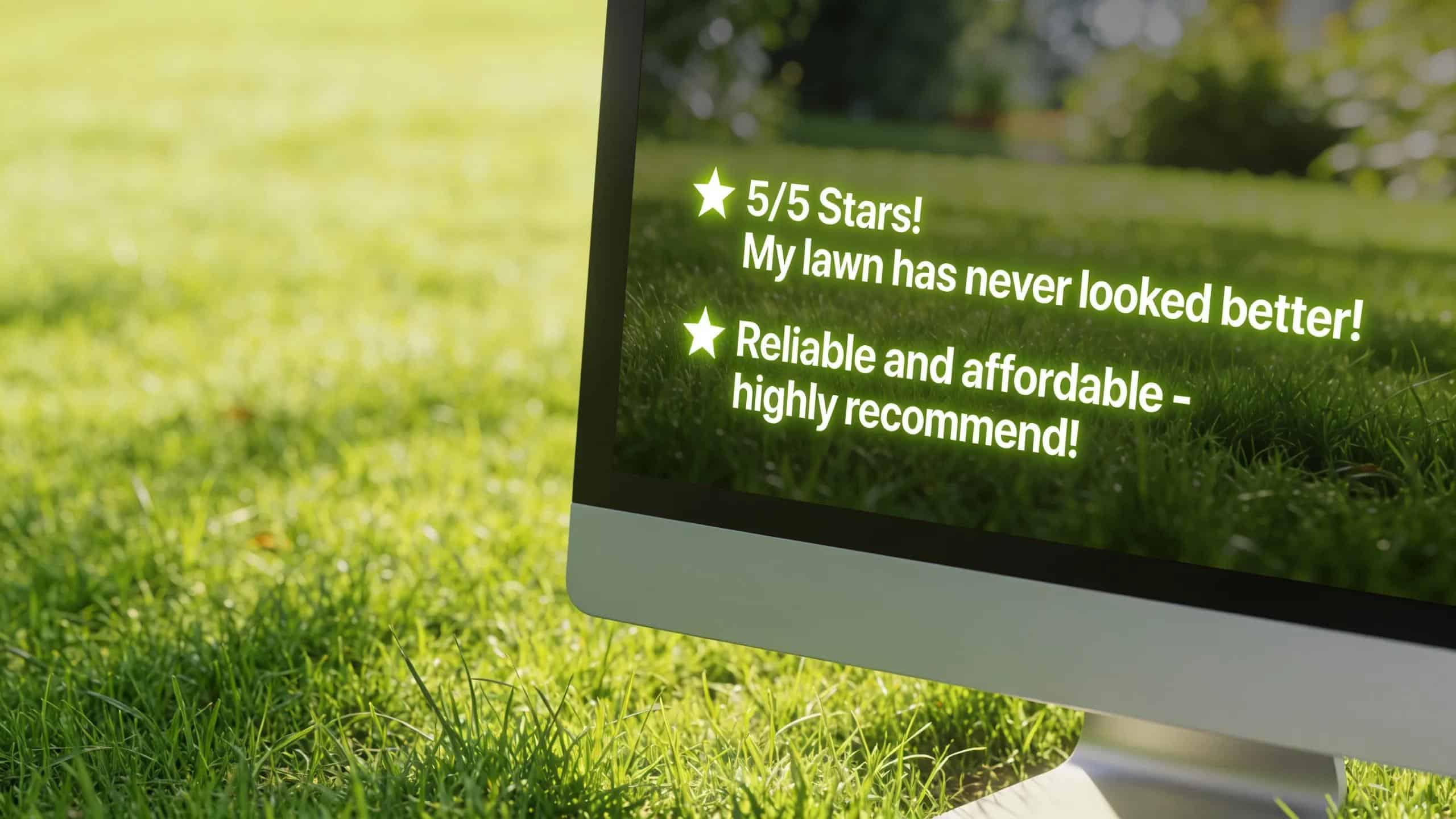 Close-up of computer reviews showcasing customer satisfaction for lawn maintenance services, with a green lawn backdrop.