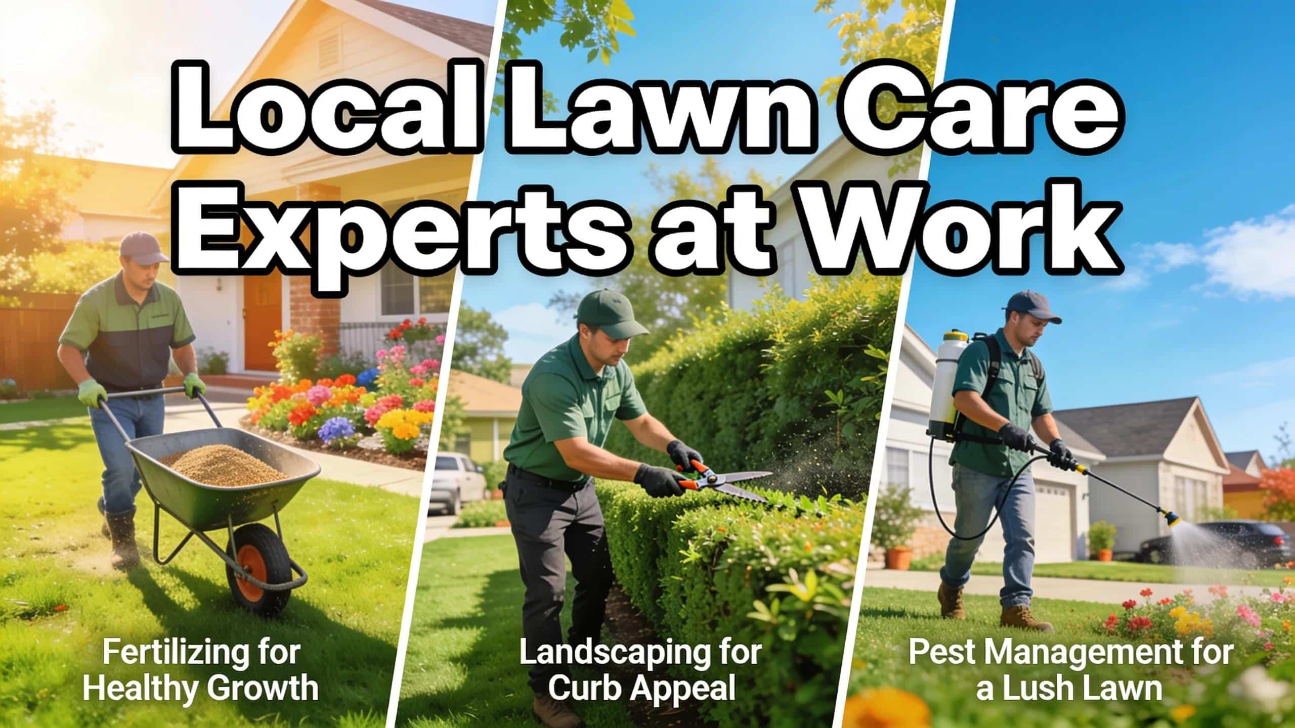Local lawn care professionals working on different landscaping tasks in a sunny neighborhood