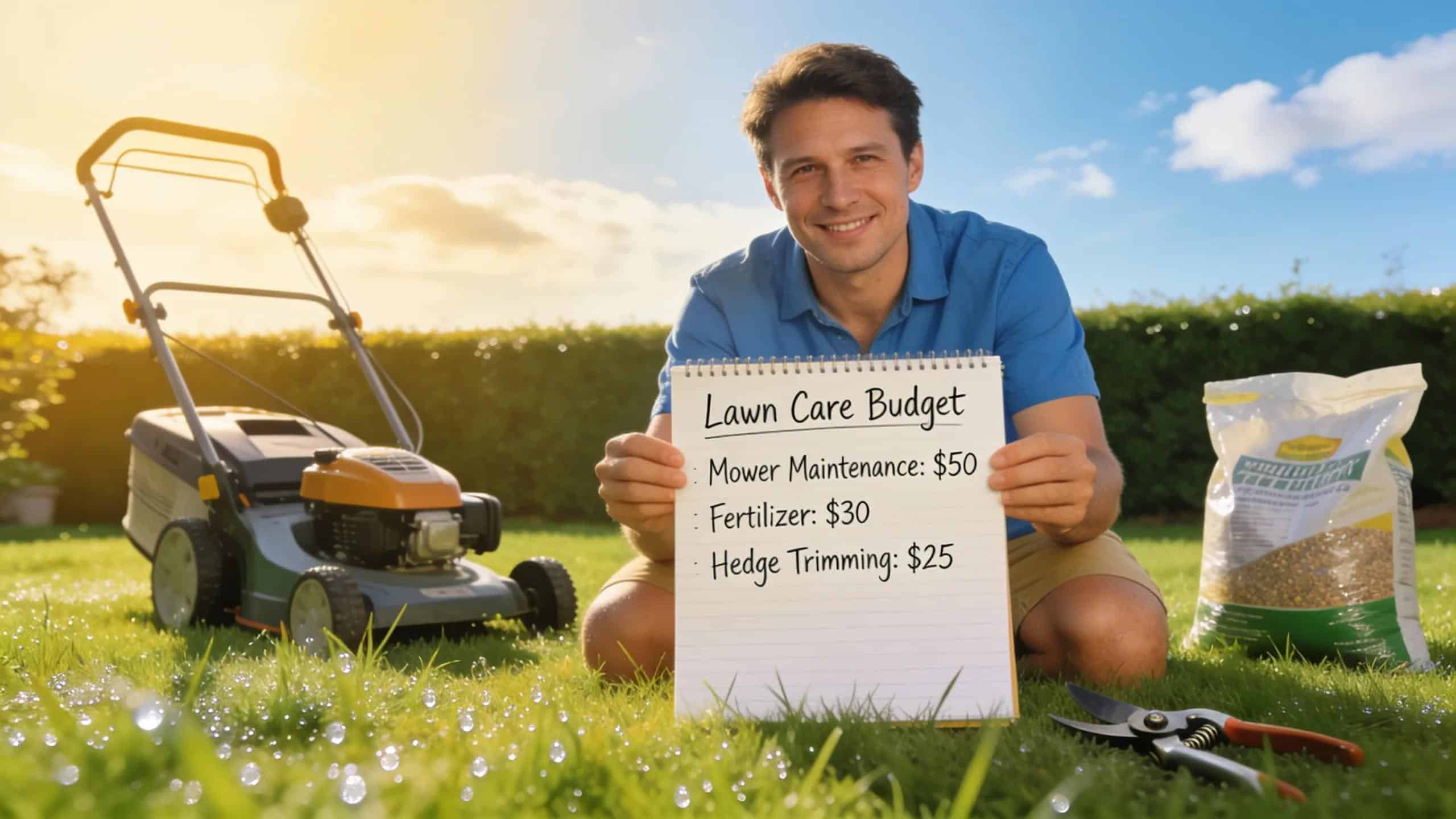 Homeowner budgeting for lawn care expenses in a lush garden setting, illustrating cost considerations for lawn packages