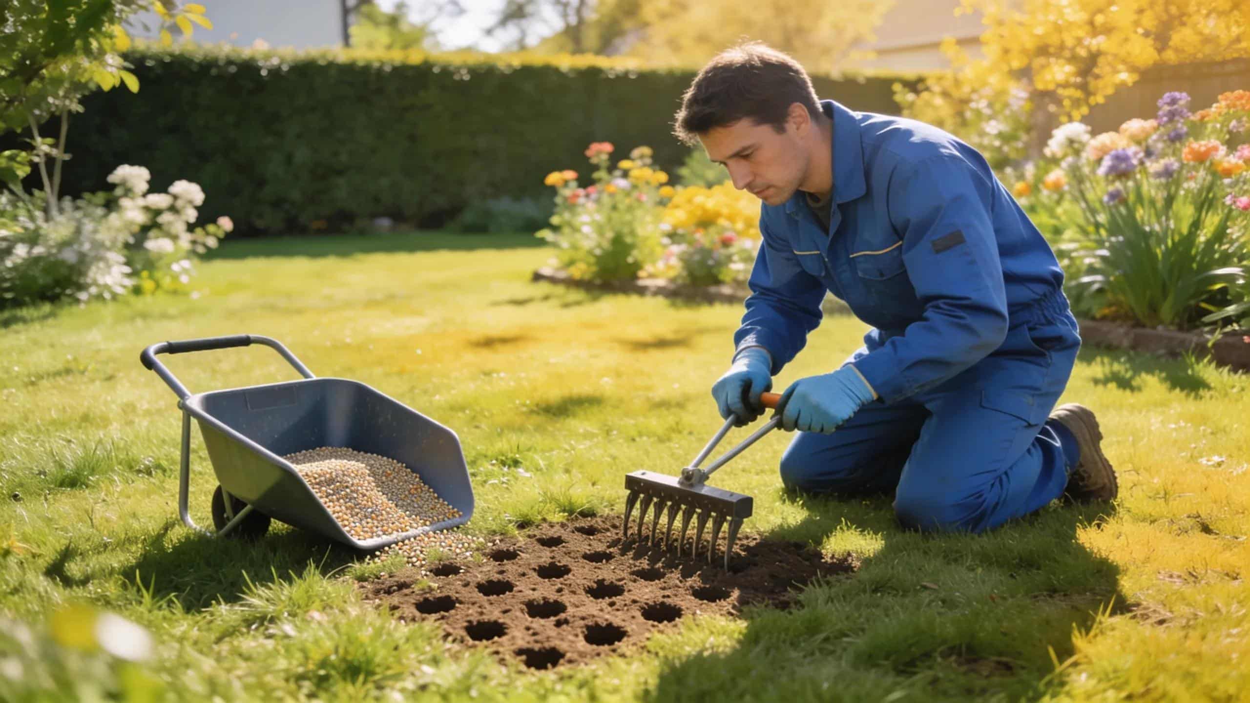 Lawn care professional applying seasonal maintenance techniques in a green yard, emphasizing proactive lawn care strategies.