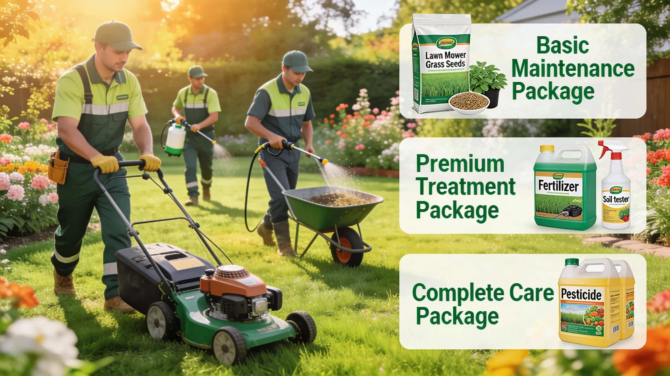 Lawn care professional applying treatments, showcasing various lawn care package types in an appealing garden