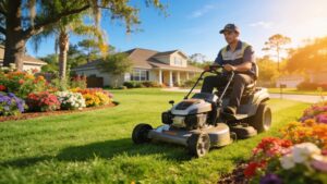 Vibrant green lawn with colorful flowerbeds and a lawn care technician mowing grass, illustrating lawn maintenance services in Lutz, FL.