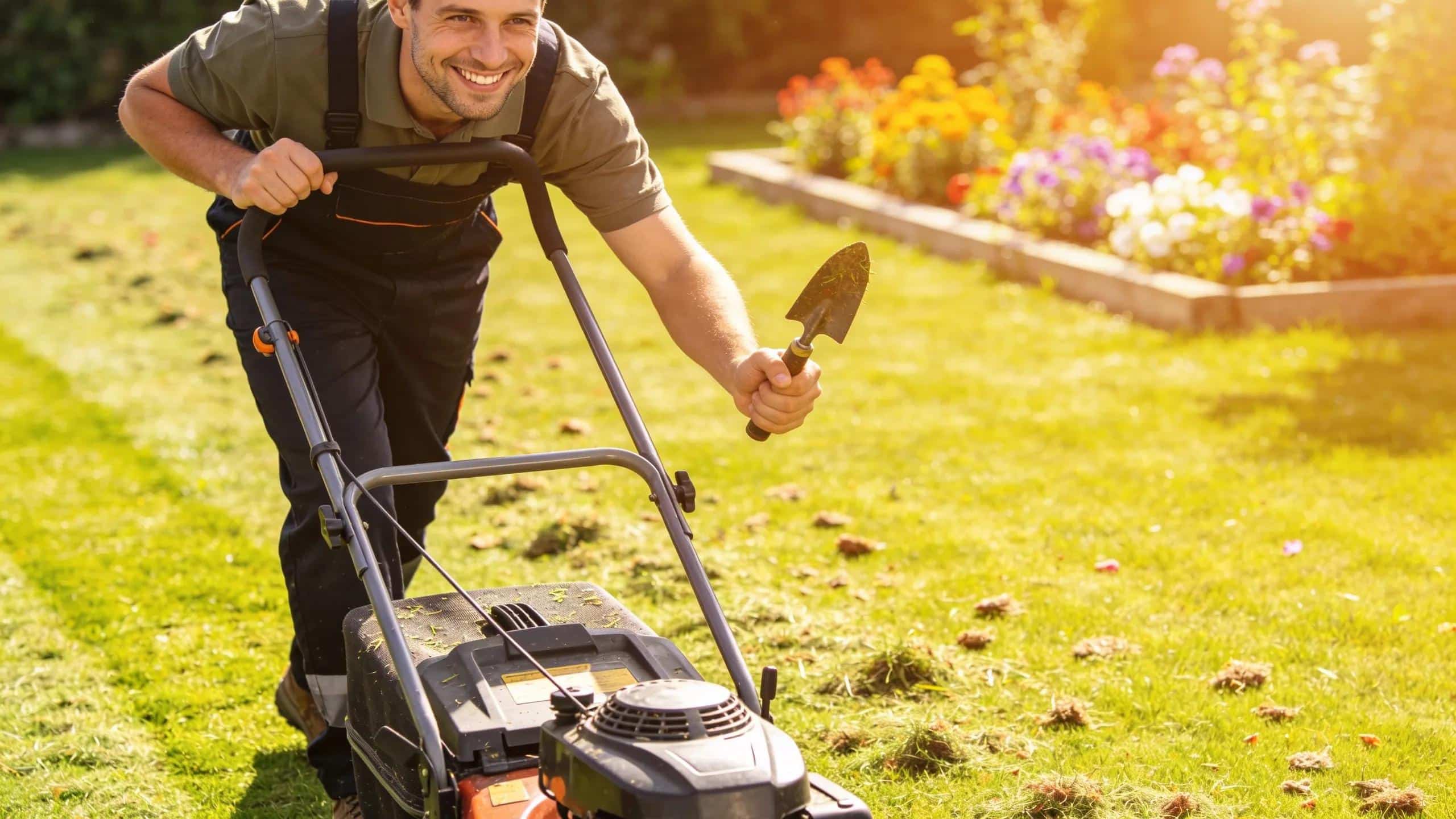 Homeowner engaged in DIY lawn maintenance with tools in a bright garden setting