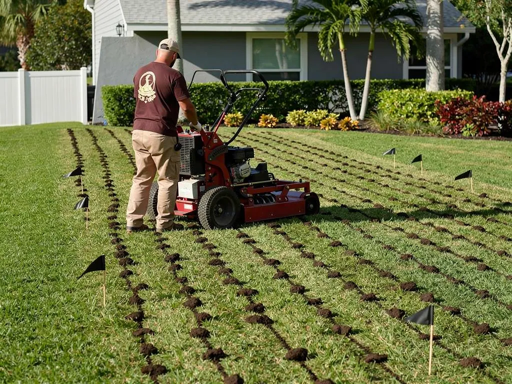 Lawn care crew operating aeration equipment on a residential property