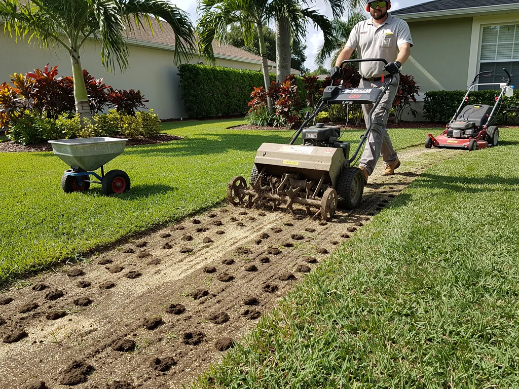 Grass seed spread across freshly aerated Florida turf
